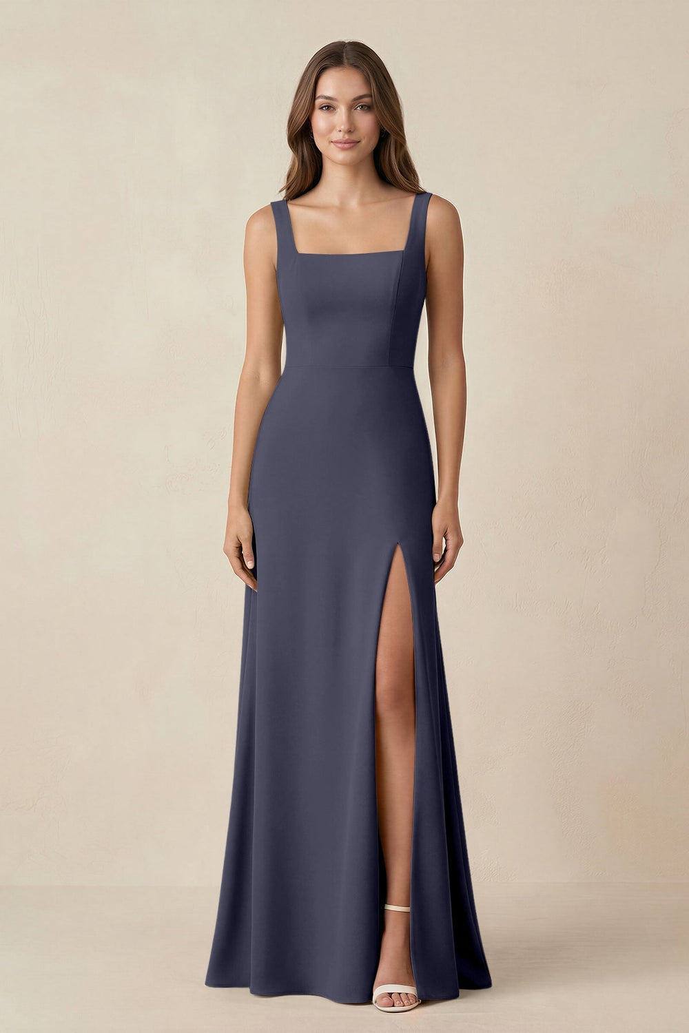 Square Neck A-Line Bridesmaid Dress With Slit in Dusk Blue - KISS BRIDAL BRIDESMAID DRESSES