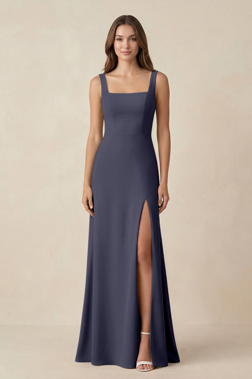 Square Neck A-Line Bridesmaid Dress With Slit in Dusk Blue - SHE IS ME BRIDESMAID DRESSES