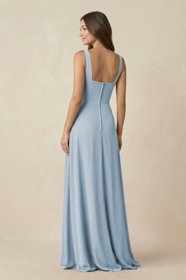 Square Neck A-Line Bridesmaid Dress With Slit in Dusty Blue - SHE IS ME BRIDESMAID DRESSES