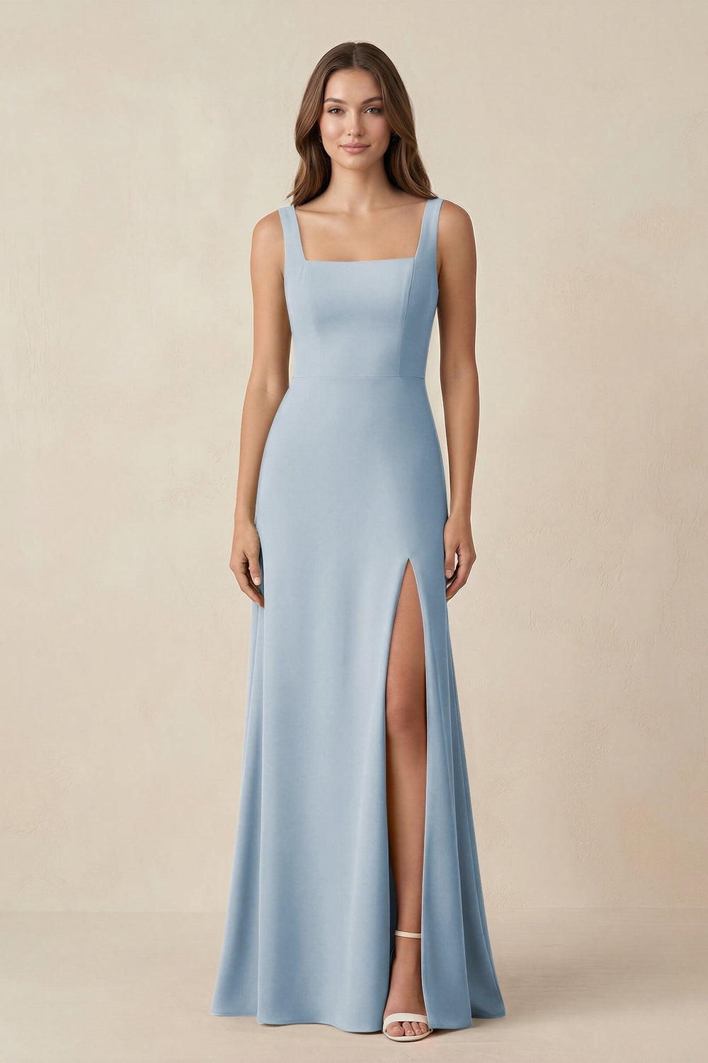 Square Neck A-Line Bridesmaid Dress With Slit in Dusty Blue - KISS BRIDAL BRIDESMAID DRESSES