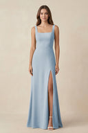 Square Neck A-Line Bridesmaid Dress With Slit in Dusty Blue - SHE IS ME BRIDESMAID DRESSES