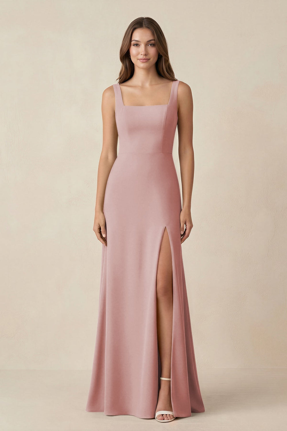 Square Neck A-Line Bridesmaid Dress With Slit in Dusty Rose - KISS BRIDAL BRIDESMAID DRESSES