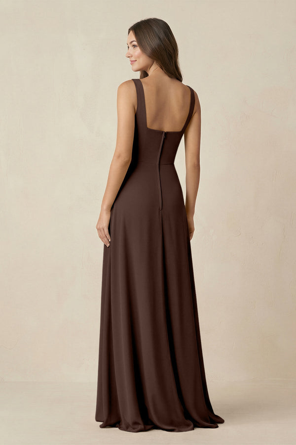 Square Neck A-Line Bridesmaid Dress With Slit in Espresso - SHE IS ME BRIDESMAID DRESSES
