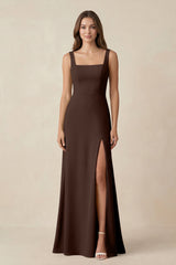 Square Neck A-Line Bridesmaid Dress With Slit in Espresso - KISS BRIDAL BRIDESMAID DRESSES