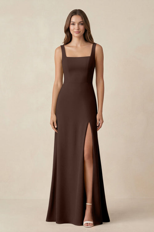Square Neck A-Line Bridesmaid Dress With Slit in Espresso - SHE IS ME BRIDESMAID DRESSES