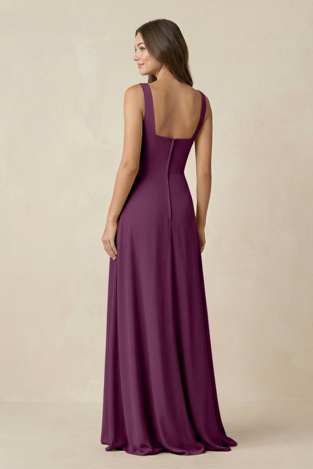 Square Neck A-Line Bridesmaid Dress With Slit in Fig - KISS BRIDAL BRIDESMAID DRESSES