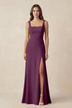 Square Neck A-Line Bridesmaid Dress With Slit in Fig - SHE IS ME BRIDESMAID DRESSES