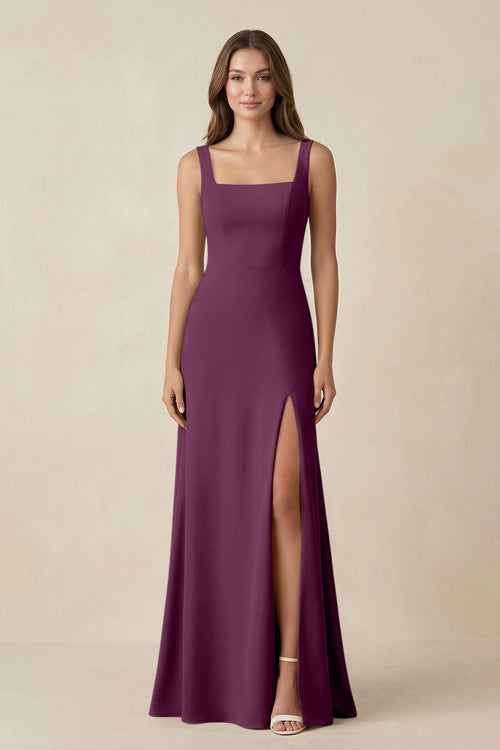 Square Neck A-Line Bridesmaid Dress With Slit in Fig - SHE IS ME BRIDESMAID DRESSES