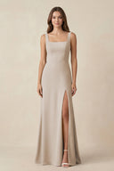 Square Neck A-Line Bridesmaid Dress With Slit in Frost - SHE IS ME BRIDESMAID DRESSES