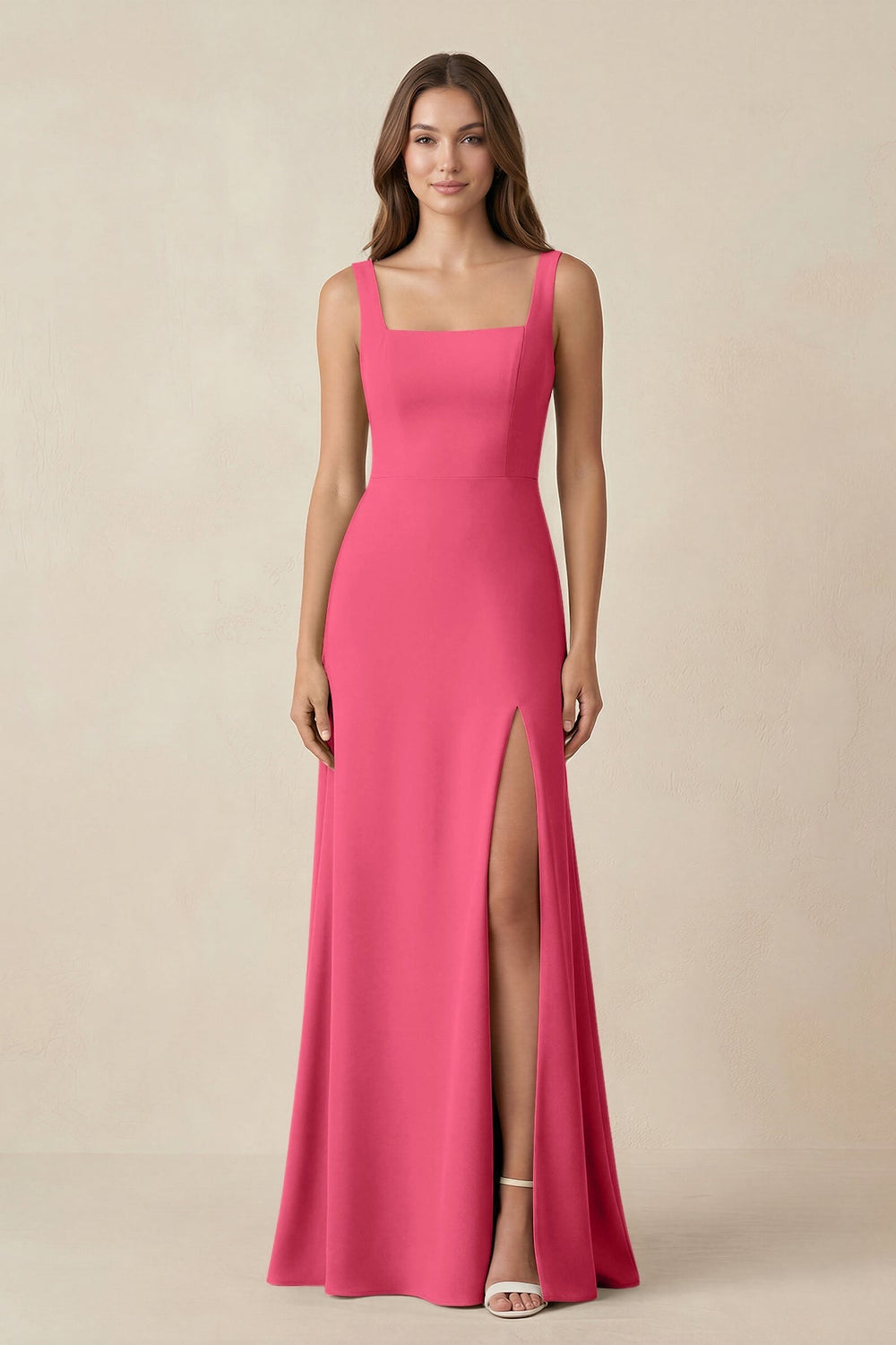 Square Neck A-Line Bridesmaid Dress With Slit in Fuchsia - KISS BRIDAL BRIDESMAID DRESSES