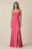 Square Neck A-Line Bridesmaid Dress With Slit in Fuchsia - SHE IS ME BRIDESMAID DRESSES