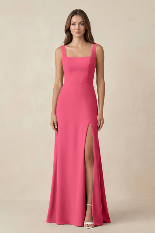 Square Neck A-Line Bridesmaid Dress With Slit in Fuchsia - SHE IS ME BRIDESMAID DRESSES
