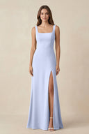 Square Neck A-Line Bridesmaid Dress With Slit in Ice - SHE IS ME BRIDESMAID DRESSES
