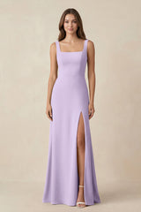 Square Neck A-Line Bridesmaid Dress With Slit in Lavender - KISS BRIDAL BRIDESMAID DRESSES