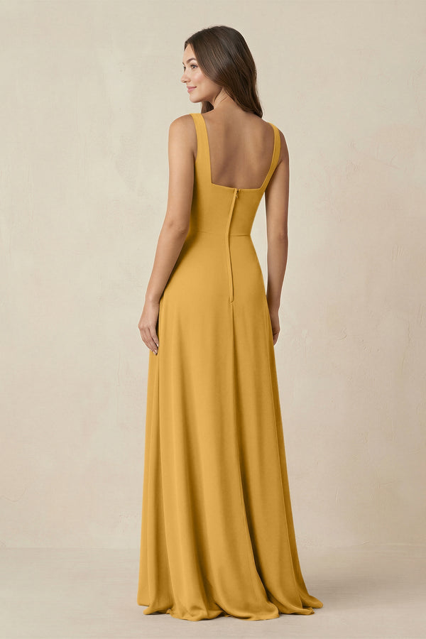 Square Neck A-Line Bridesmaid Dress With Slit in Marigold - SHE IS ME BRIDESMAID DRESSES