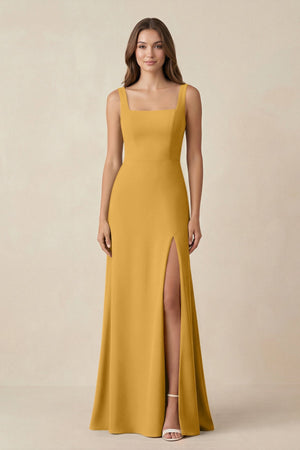 Square Neck A-Line Bridesmaid Dress With Slit in Marigold - SHE IS ME BRIDESMAID DRESSES