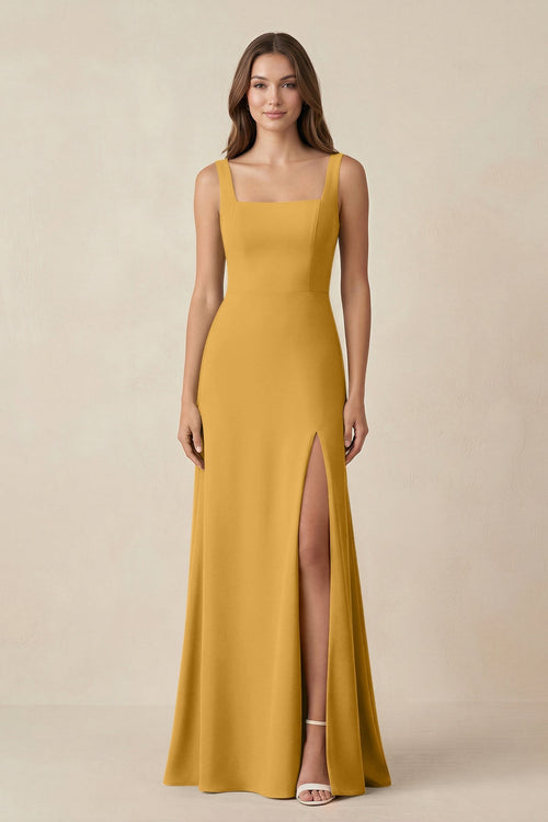 Square Neck A-Line Bridesmaid Dress With Slit in Marigold - SHE IS ME BRIDESMAID DRESSES