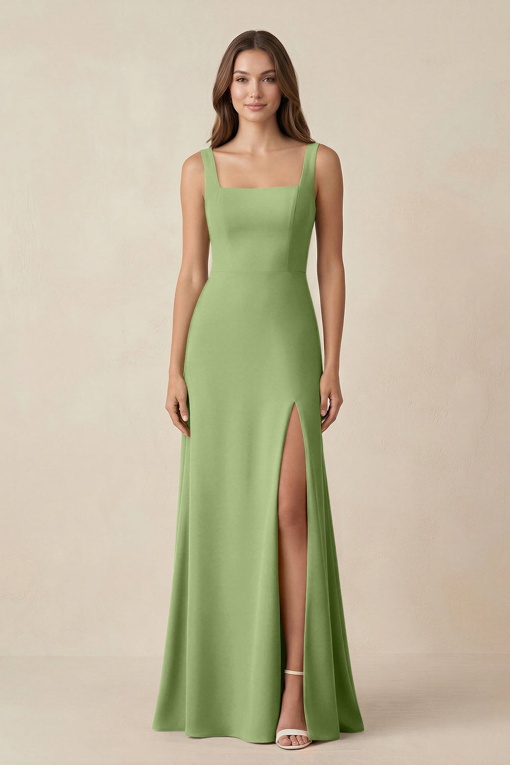 Square Neck A-Line Bridesmaid Dress With Slit in Matcha - KISS BRIDAL BRIDESMAID DRESSES