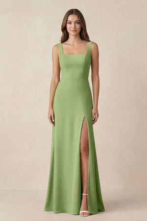 Square Neck A-Line Bridesmaid Dress With Slit in Matcha - SHE IS ME BRIDESMAID DRESSES