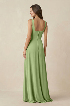 Square Neck A-Line Bridesmaid Dress With Slit in Matcha - SHE IS ME BRIDESMAID DRESSES