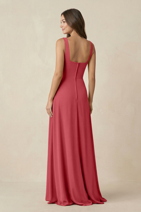 Square Neck A-Line Bridesmaid Dress With Slit in Merlot - SHE IS ME BRIDESMAID DRESSES