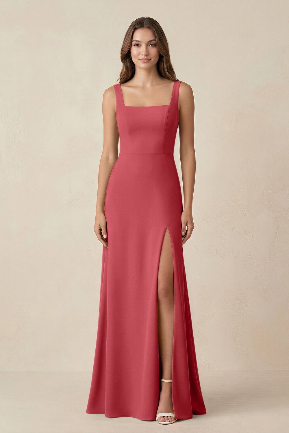 Square Neck A-Line Bridesmaid Dress With Slit in Merlot - KISS BRIDAL BRIDESMAID DRESSES