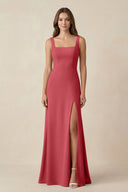 Square Neck A-Line Bridesmaid Dress With Slit in Merlot - SHE IS ME BRIDESMAID DRESSES