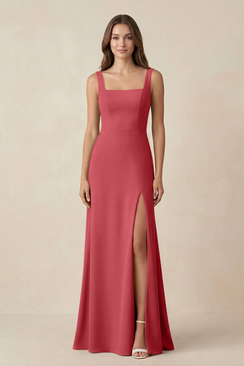 Square Neck A-Line Bridesmaid Dress With Slit in Merlot - SHE IS ME BRIDESMAID DRESSES
