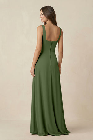 Square Neck A-Line Bridesmaid Dress With Slit in Moss (2) | KISSBRIDAL