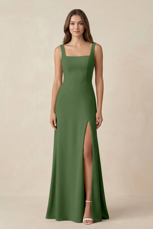 Square Neck A-Line Bridesmaid Dress With Slit in Moss - SHE IS ME BRIDESMAID DRESSES