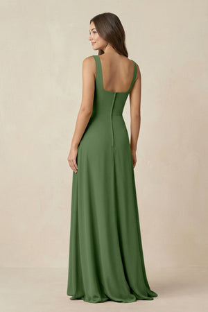 Square Neck A-Line Bridesmaid Dress With Slit in Moss - SHE IS ME BRIDESMAID DRESSES