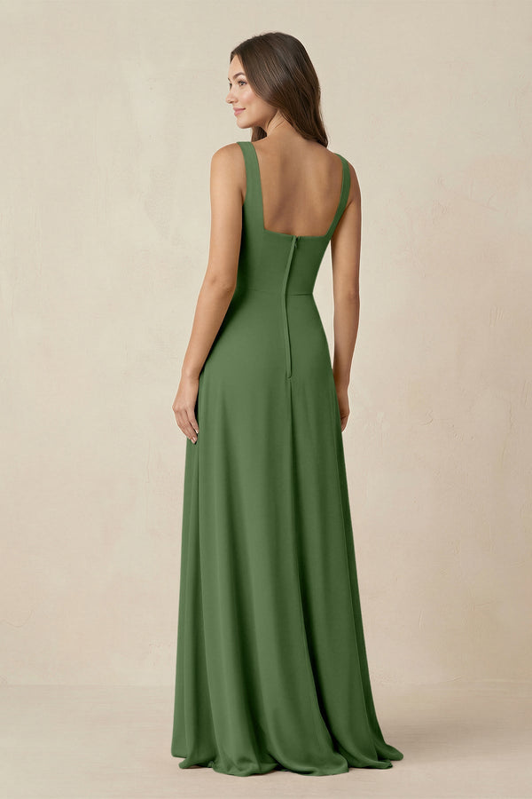 Square Neck A-Line Bridesmaid Dress With Slit in Moss - SHE IS ME BRIDESMAID DRESSES