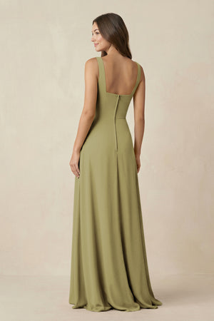 Square Neck A-Line Bridesmaid Dress With Slit in Moss Green (2) | KISSBRIDAL