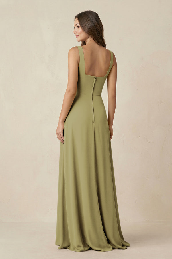 Square Neck A-Line Bridesmaid Dress With Slit in Moss Green (2) | KISSBRIDAL