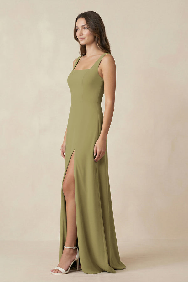 Square Neck A-Line Bridesmaid Dress With Slit in Moss Green (3) | KISSBRIDAL