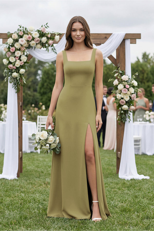 Square Neck A-Line Bridesmaid Dress With Slit in Moss Green (4) | KISSBRIDAL