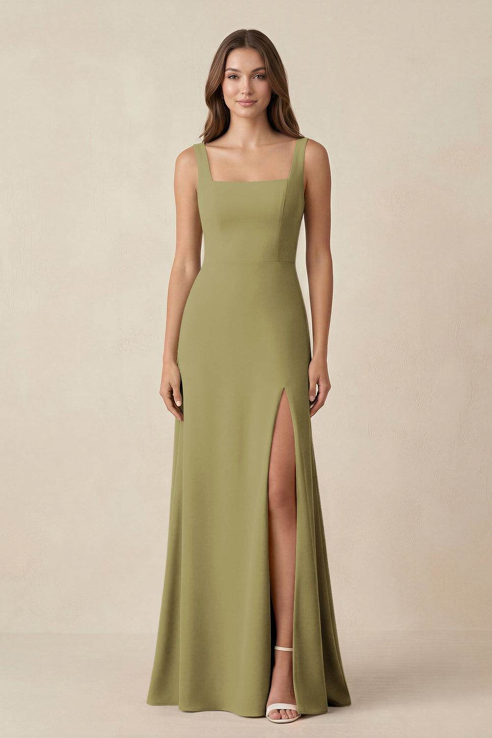 Square Neck A-Line Bridesmaid Dress With Slit in Moss Green