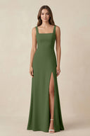 Square Neck A-Line Bridesmaid Dress With Slit in Moss | KISSBRIDAL