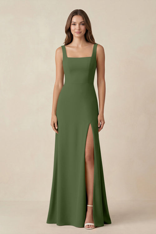 Square Neck A-Line Bridesmaid Dress With Slit in Moss | KISSBRIDAL