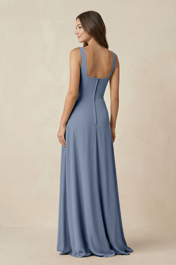 Square Neck A-Line Bridesmaid Dress With Slit in Neptune - SHE IS ME BRIDESMAID DRESSES