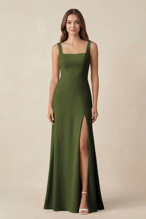 Square Neck A-Line Bridesmaid Dress With Slit in Olive - SHE IS ME BRIDESMAID DRESSES