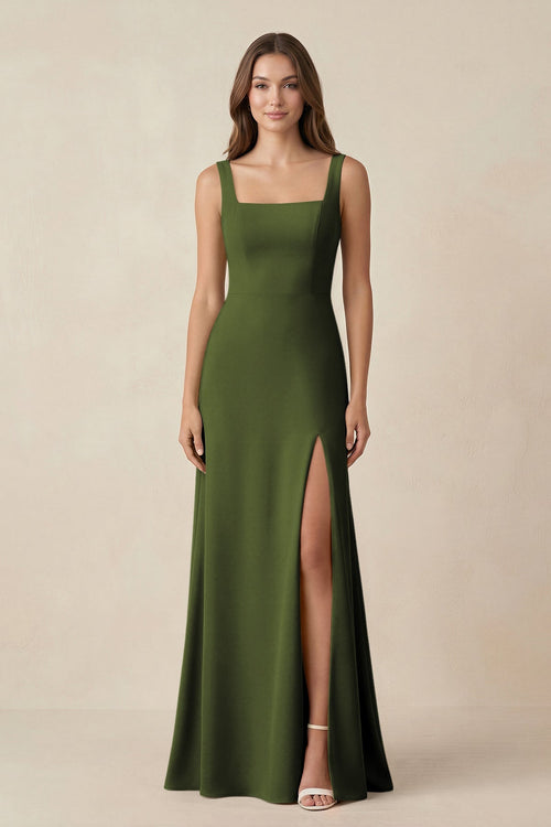 Square Neck A-Line Bridesmaid Dress With Slit in Olive - SHE IS ME BRIDESMAID DRESSES