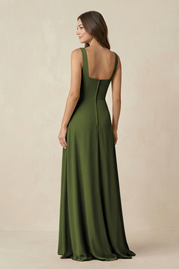 Square Neck A-Line Bridesmaid Dress With Slit in Olive - SHE IS ME BRIDESMAID DRESSES