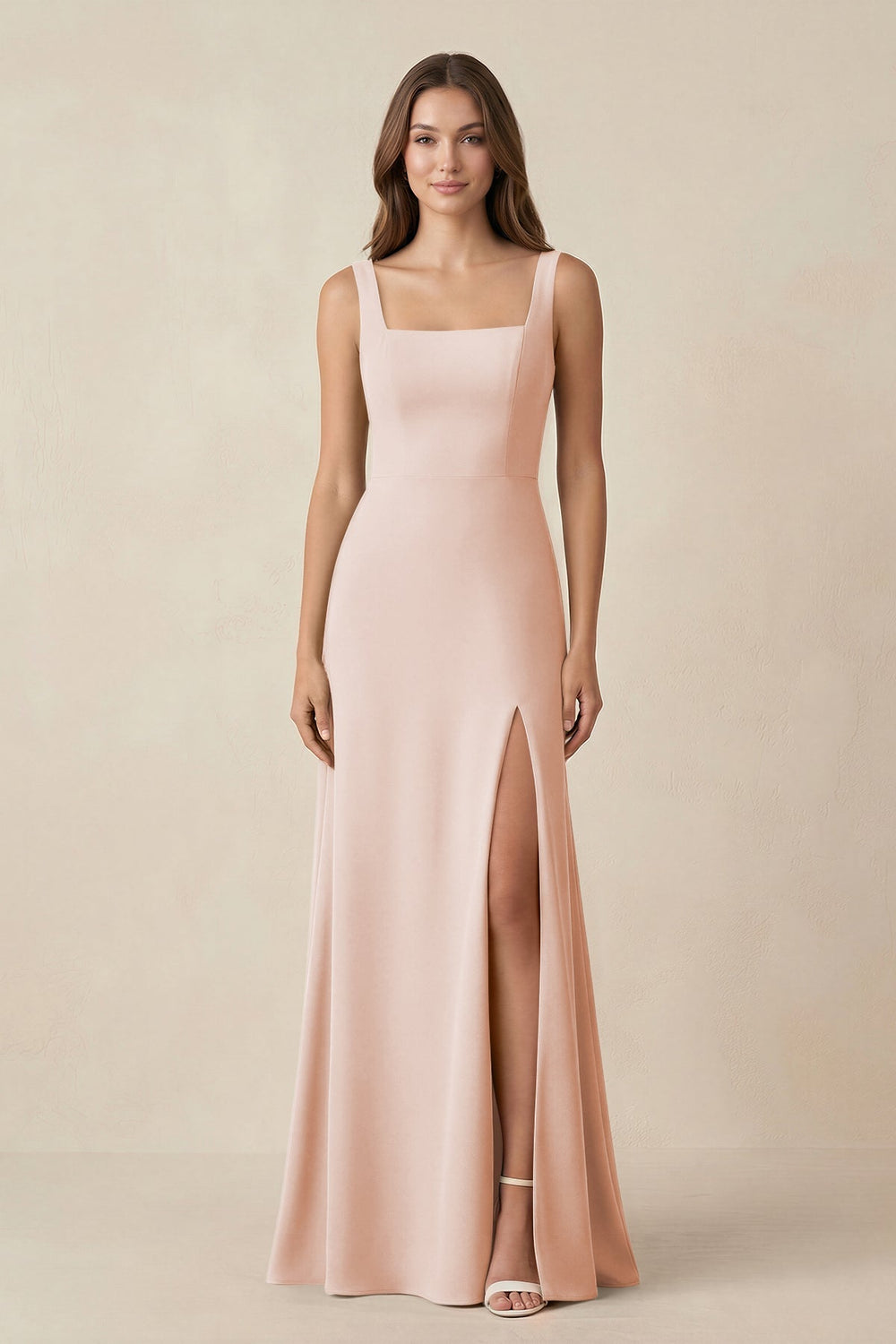 Square Neck A-Line Bridesmaid Dress With Slit in Pale Blush - KISS BRIDAL BRIDESMAID DRESSES