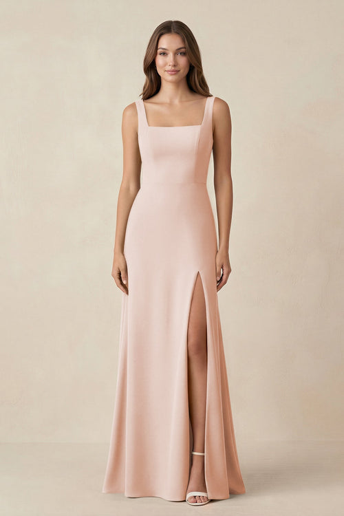 Square Neck A-Line Bridesmaid Dress With Slit in Pale Blush - SHE IS ME BRIDESMAID DRESSES