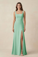 Square Neck A-Line Bridesmaid Dress With Slit in Pale Pistachio - SHE IS ME BRIDESMAID DRESSES