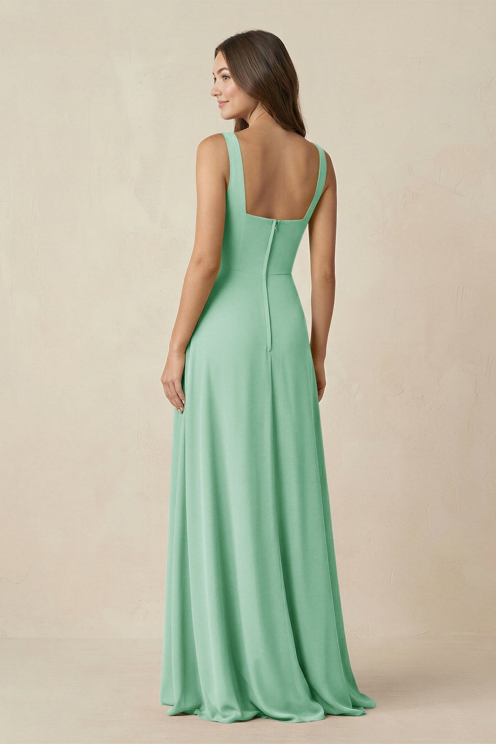 Square Neck A-Line Bridesmaid Dress With Slit in Pale Pistachio - KISS BRIDAL BRIDESMAID DRESSES