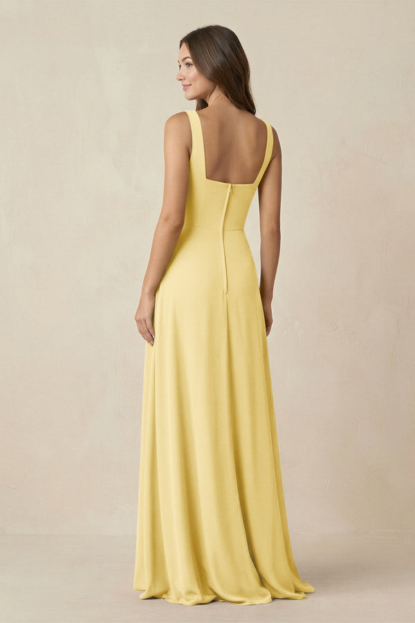Square Neck A-Line Bridesmaid Dress With Slit in Pastel Yellow - SHE IS ME BRIDESMAID DRESSES