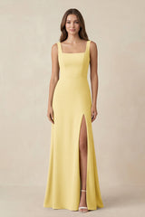 Square Neck A-Line Bridesmaid Dress With Slit in Pastel Yellow - KISS BRIDAL BRIDESMAID DRESSES