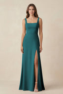 Square Neck A-Line Bridesmaid Dress With Slit in Pine - SHE IS ME BRIDESMAID DRESSES